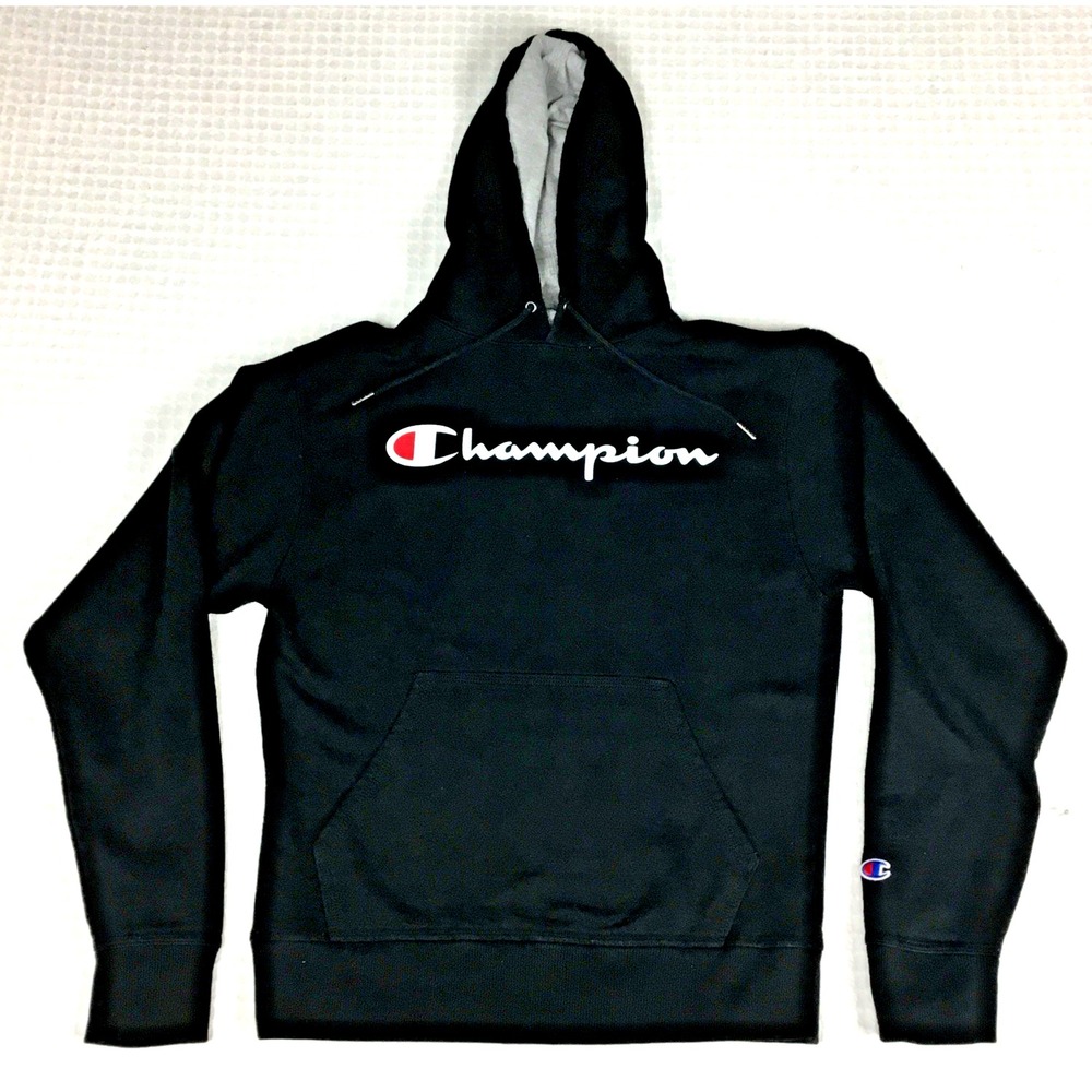 Champion Mens Hoodie Black Script Logo Pullover Sweatshirt Adult Size Small S